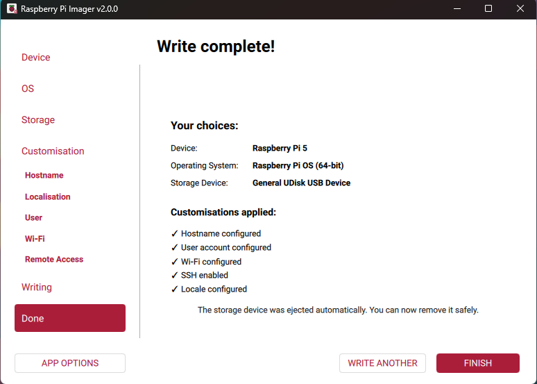 Imager向存储设备写入镜像完成后的界面
