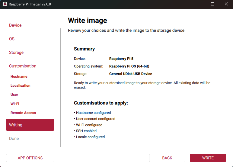 写入前在Imager中确认选项
